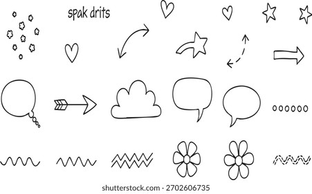 Hand drawn decorative icons featuring stars arrows speech bubbles clouds hearts flowers border elements.