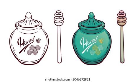 hand drawn decorative icons with a jag of honey Color and line isolated vector inl illustration.