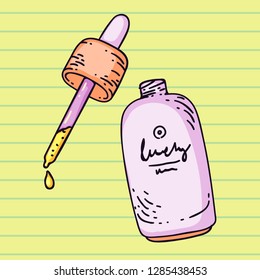 Hand drawn decorative illustration of skin care product. Serum oil for body in bottle. Colorful illustration for banners, posters, leaflets and ads