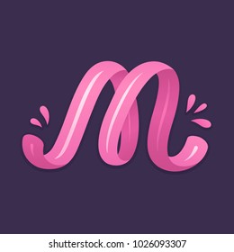 Hand drawn decorative initial letter M. Feminine pink ribbon style. Typography design, logo or monogram vector illustration.