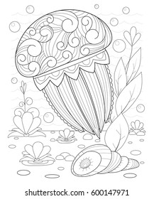 Hand drawn decorative jellyfish in the waves and with seaweed stress Coloring Page with high details, isolated on pattern background, illustration in zentangle style.
