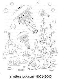 Hand drawn decorative jellyfish in the waves and with seaweed stress Coloring Page with high details, isolated on pattern background, illustration in zentangle style.