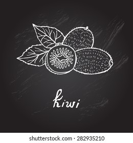 Hand drawn decorative kiwi, design element. Can be used for cards, invitations, gift wrap, print, scrapbooking. Kitchen theme. Chalkboard background. Sketch