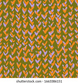 Textura de trenzas de tejido decorativa dibujada a mano, tela de suéter estilizado. Sencillas formas geométricas de fondo, hechas de garrapatas, marcas de verificación y líneas irregulares. Patrón transparente del arenque de Chevron.