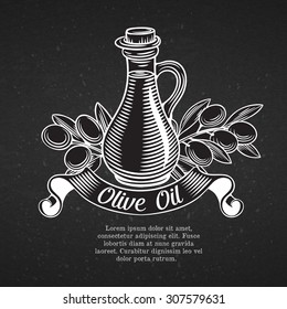 Hand drawn decorative label with a bottle of oil and olives. Vector illustration.