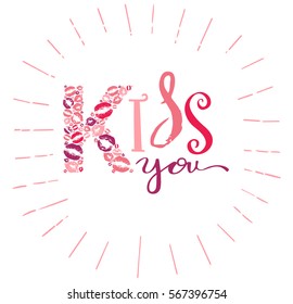 Hand drawn decorative lettering theme Valentine s day. Modern brush calligraphy with ink illustration. Love phrase for your design. Kiss you.