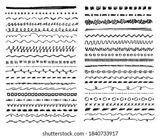 Hand drawn decorative lines, abstract shapes and curves for decoration. Sketchy design and zigzags, wavy charcoal draft for decor. Doodles and scribbles made with pencil, vector in flat style