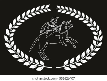 Hand drawn decorative logo with the ancient Greek warrior, negative. Vector illustration