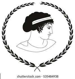 Hand drawn decorative logo with head of ancient Greek women. Vector illustration.