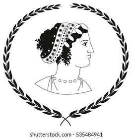 Hand Drawn Decorative Logo With Head Of Ancient Greek Women. Vector Illustration.