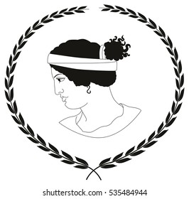 Hand drawn decorative logo with head of ancient Greek women.