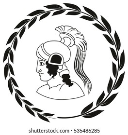 Hand drawn decorative logo with head of the ancient Greek warrior. Vector illustration.