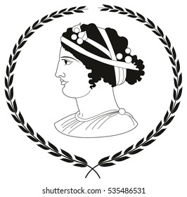 Hand drawn decorative logo with head of ancient Greek women. Vector illustration.