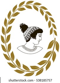 Hand drawn decorative logo with head of ancient Greek women. Vector illustration.