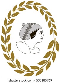Hand drawn decorative logo with head of ancient Greek women. Vector illustration.
