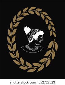 Hand drawn decorative logo with head of ancient Greek women, negative. Vector illustration.