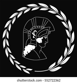 Hand drawn decorative logo with head of the ancient Greek warrior, negative. Vector illustration.