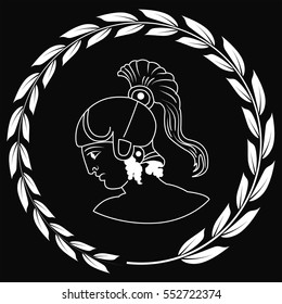 Hand drawn decorative logo with head of the ancient Greek warrior, negative. Vector illustration