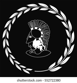 Hand drawn decorative logo with head of the ancient Greek warrior, negative. Vector illustration