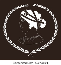 Hand drawn decorative logo with head of ancient Greek women. Vector illustration