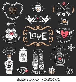 Hand drawn decorative love badges with lettering. Vintage vector design elements. Chalk Illustration on blackboard.