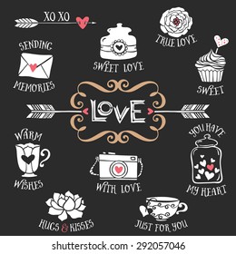 Hand drawn decorative love badges with lettering and sweet things. Vintage vector design elements. Chalk Illustration on blackboard.