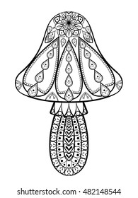 Hand drawn decorative Mushroom. Vector illustration in zentangle style  isolated on white background. Sketch for adult anti stress coloring pages, tattoo, t-shirt