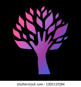 Hand drawn decorative neon hand tree, can be used for ecology, environment, recycling, nature protection cards, banners, flyers, posters. Nature background