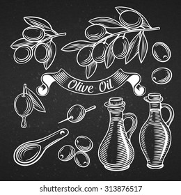 Hand Drawn decorative olive vector set, white on black. Bottles, branches ,spoon and  ribbon.