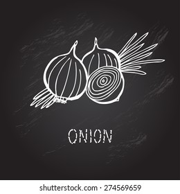 Hand drawn decorative onion, design elements. Can be used for cards, invitations, gift wrap, print, scrapbooking. Kitchen theme. Chalkboard background