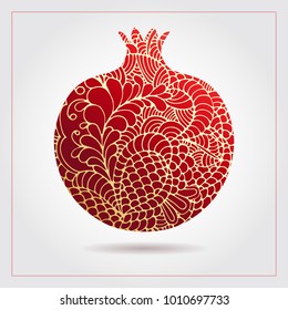 Hand drawn decorative ornamental pomegranate made of swirl doodles for Rosh Hashanah greeting card, Jewish New Year. Rosh hashana, sukkot Jewish Holiday. Vector illustration of fruit logo