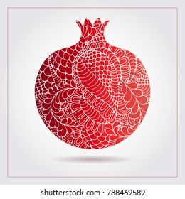 Hand drawn decorative ornamental pomegranate made of swirl doodles for Rosh Hashanah greeting card, Jewish New Year. Rosh hashana, sukkot Jewish Holiday. Vector abstract illustration of fruit logo