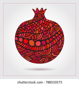 Hand drawn decorative ornamental pomegranate made of swirl doodles for Rosh Hashanah greeting card, Jewish New Year. Rosh hashana, sukkot Jewish Holiday. Vector abstract illustration of fruit logo