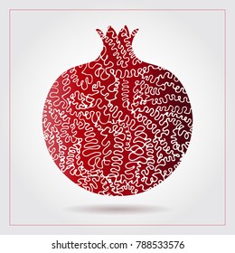 Hand drawn decorative ornamental pomegranate made of swirl doodles for Rosh Hashanah greeting card, Jewish New Year. Rosh hashana, sukkot Jewish Holiday. Vector abstract illustration of fruit logo