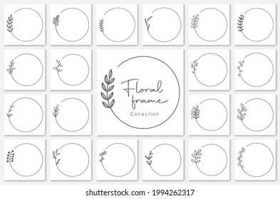 Hand Drawn Decorative Outlined Wreaths with Branches, floral round frames, floral wreath.