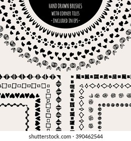 Hand drawn decorative pattern brushes with inner and outer corner tiles. Vector frames for your design