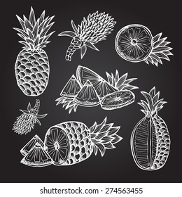 Hand drawn decorative pineapples, design elements. Can be used for cards, invitations, gift wrap, print, scrapbooking. Kitchen theme. Chalkboard background