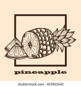 Hand drawn decorative pineapples, design elements. Can be used for cards, invitations, scrapbooking, print, manufacturing. Fruit theme. Fruit sketch