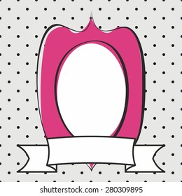 Hand drawn decorative pink vector frame on grey and black polka dots background
