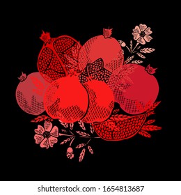 Hand drawn decorative pomegranate fruits, design elements. Can be used for cards, invitations, scrapbooking, print, manufacturing. Food, kitchen theme