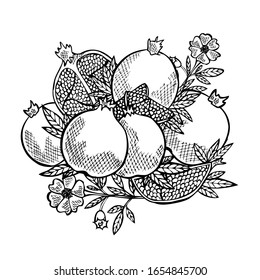 Hand drawn decorative pomegranate fruits, design elements. Can be used for cards, invitations, scrapbooking, print, manufacturing. Food, kitchen theme
