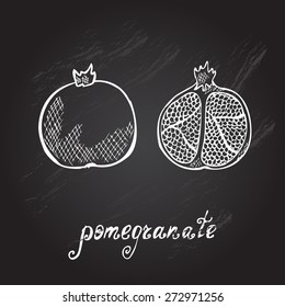 Hand drawn decorative pomegranates, design elements. Can be used for cards, invitations, gift wrap, print, scrapbooking. Kitchen theme. Chalkboard background. Sketch