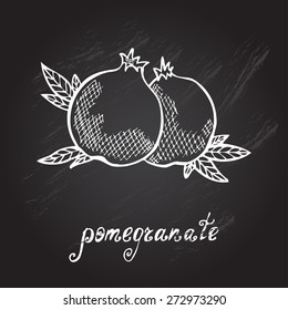 Hand drawn decorative pomegranates, design elements. Can be used for cards, invitations, gift wrap, print, scrapbooking. Kitchen theme. Chalkboard background. Sketch