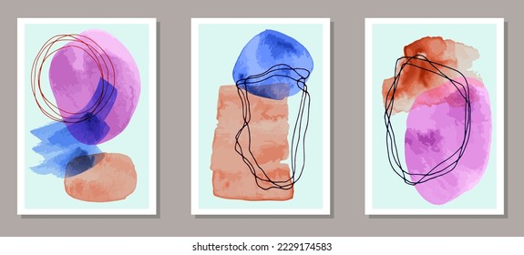 Hand drawn decorative posters vector collection. Watercolor smears backgrounds. Japanese style design. Youth home decor layouts. Doodle elements.