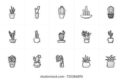 Hand drawn decorative potted cactus and succulent house plants doodle sketch icon set for web, mobile and infographics. Outline drawning vector icon set isolated on white background.