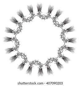 Hand drawn decorative print template in boho chic style. Oriental ornament. Knots and tassels. Line art drawing.