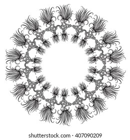 Hand drawn decorative print template in boho chic style. Oriental ornament. Knots and tassels. Line art drawing.