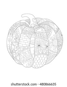 hand drawn decorative pumpkin with beautiful floral patterns, design for coloring book for adult, Outline vector illustration