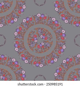 hand drawn decorative round colorful ornament with flowers and natural elements on dark-grey background, texture, pattern, seamless background