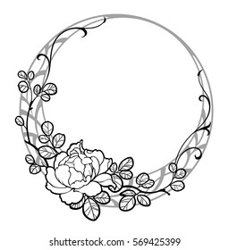Hand drawn decorative round frame with peony rose flower. Black ink on white background. Can be used for decorate postcards, tattoo, engraving, etching, decorate t-shorts, tunics, bags.